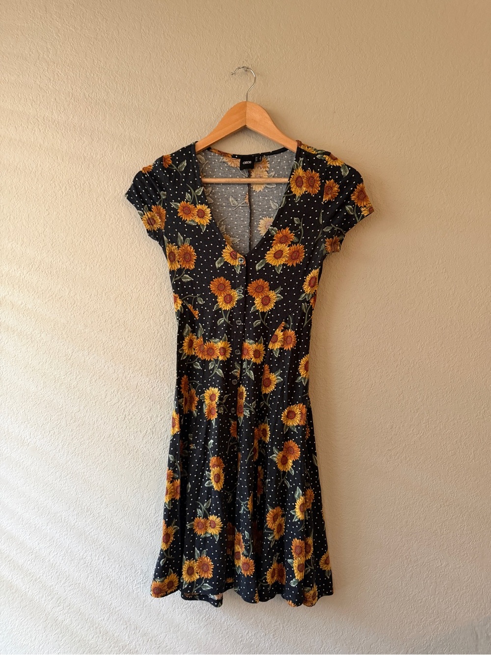 Asos Sunflower Print Black Dress with Button Front Size 4